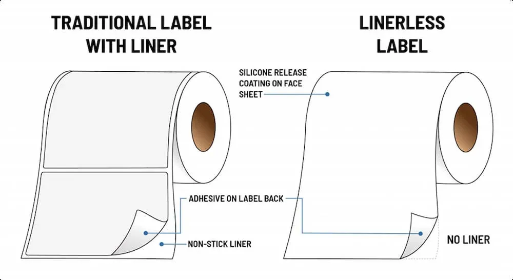 Side by side comparison of a roll of traditional label with no liner and a liner less label.