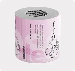 An image of a liner less label roll displaying sample printing information.