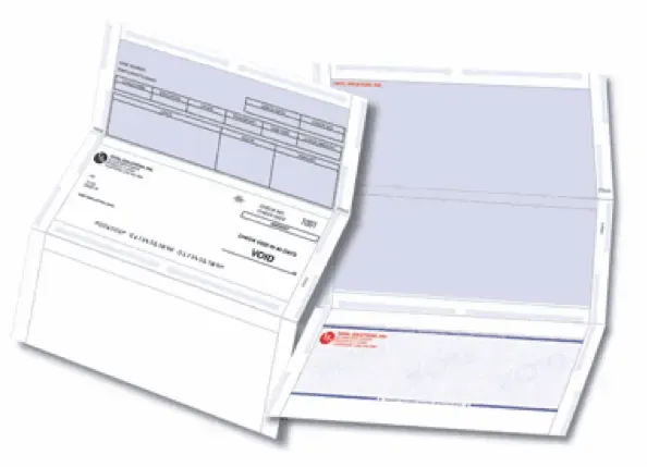 Pressure seal mailer form shown front and back before folding and sealing.